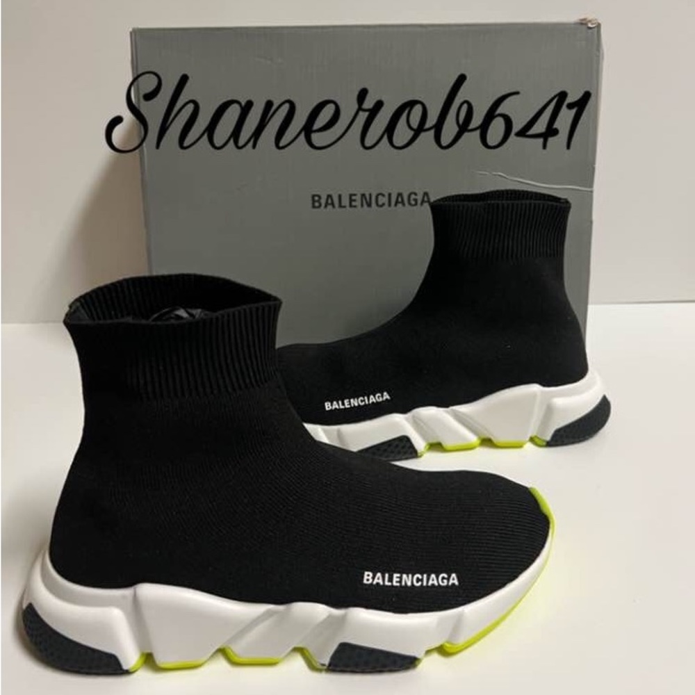 Balenciaga Speed Trainers Neon Black White Women Size 5 BTS Sock Sneakers